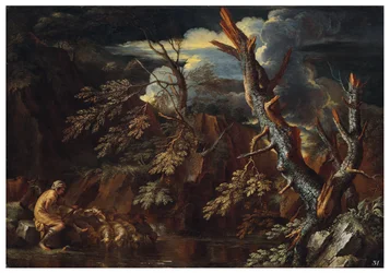 A Rocky Wooded Landscape with Jacob Watering Laban