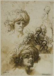 Sketches of Turbaned Men (recto); Fragment of a Figure and Sketches of Foliated Architectural Ornament (verso)