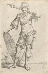 Standing Exotic Warrior Wearing a Lion-head Cap, Holding a Mace and Shield, c.1656-57
