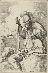 Three Warriors, one seated on a foreground rock holding a staff; the second standing behind him and pointing, the third seen as a face behind them, from Figurine series