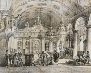Interior of Greek church of Baloukli, near Constantinople, Turkey, lithograph by Salvatore Puglia from Poliorama Pittoresco, n 28, February 15