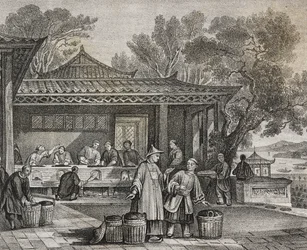 Tea workshop, lithograph by Salvatore Puglia from Poliorama Pittoresco