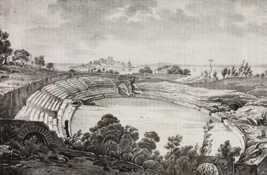 The amphitheater of Syracuse, Sicily, Italy. Lithograph by Salvatore Puglia from Poliorama Pittoresco