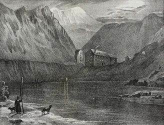 View of Great St Bernard Hospice from Lake, Italy-Switzerland Border, from Poliorama Pittoresco, No. 9, October 9