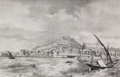 View of Naples from the sea, Campania, Italy, lithograph by Salvatore Puglia from Poliorama Pittoresco