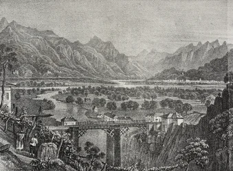 View of Ossola Valley from Sempione, Piedmont, Italy, lithograph by Salvatore Puglia from Poliorama Pittoresco, n 28, February 18