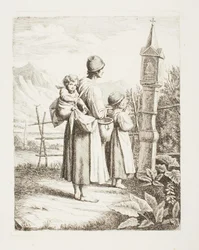 Beggar Woman with Two Children Standing in Front of a Madonna Picture on Their Way to Tyrol