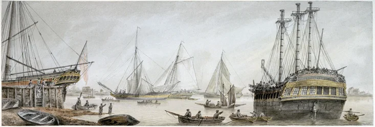 An Indiaman ship set up for repairs on the Thames, with a description of the ordinary activities of the Royal Shipyards at Deptford