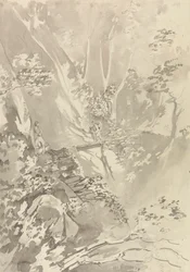 Figures Crossing a Bridge Over a Ravine