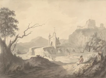 River Scene and Bridge with Artist Sketching in Foreground