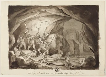 Killing Seals in a Cavern by Torchlight; Sketch of Hunters and Board