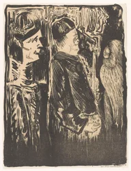 Fantasy: Two Figures with Hats on the Left, Scratched Appearance with Feathered Cloak on the Right