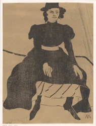 Seated Woman with Hat and in Black Dress, Hands on Knees