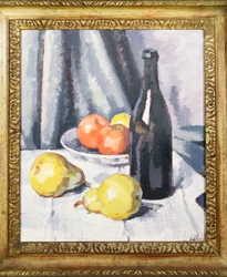 Apples, Pears and a Black Bottle on a Draped Table