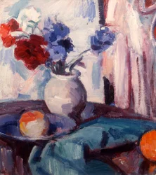 Mixed Carnations and Cornflowers in a Pottery Vase