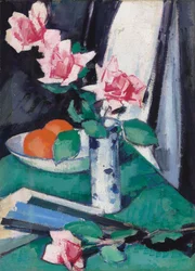 Still Life with Pink Roses and Oranges in a Blue and White Vase