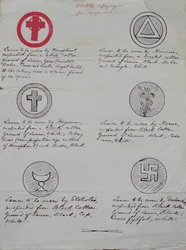 Designs for lamens (collar jewels) for the various officers of a Golden Dawn Temple, 1888