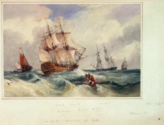 A ship lying to, c.1825