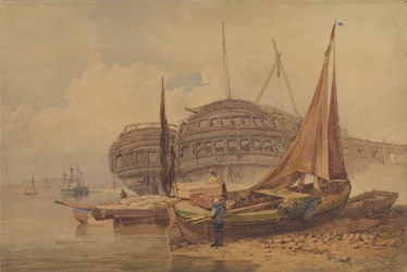 Coastal Scene with Beached Boats in Foreground, Early-Mid 19th Century
