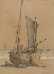 Fishing Boat on the Beach with a Brig at Sea