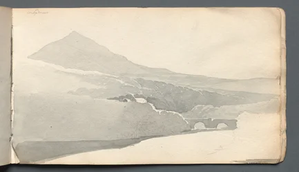 Sketchbook: Mountainous Landscape with Bridge, 1814