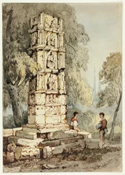 Two Figures Beside Medieval Ruins, with Church in Distance