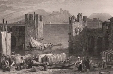 View of Angera castle in Arona, Lake Maggiore, Piedmont, Italy (engraving)