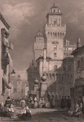 View of Castello Estense, Ferrara, Emilia-Romagna, Italy, Steel Engraving by John Godfrey after Drawing by Samuel Prout, Published by Blackie and Son