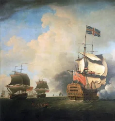 British Royal Navy warships, maneuvering their sails in the wind