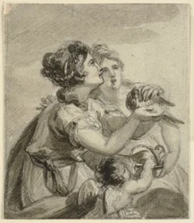 Two Women with a Dove in Their Hands and a Cupid
