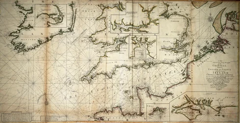 A new and correct large draught of the Channel between England and France with the coast of Ireland St. Georges & Bristol Channel and several of the most notable harbours at large