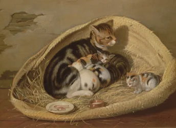 Cat with Her Kittens in a Basket