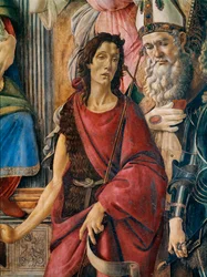 Pala di San Barnaba: Our Lady has a child with Saint Catherine of Alexandria, Saint Augustine, Saint Barnaba and Saint John the Baptist, Saint Ignatius of Antioch and the Archangel Saint Michael. (detail)