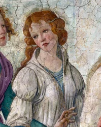 Venus and the Graces offering presents to a young girl. Detail representing the Graces (Charites). Fresco of Villa Lemmi. Painting by Sandro Botticelli (1444-1510)