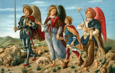 The Three Archangels and Tobie. The Angels Raphael, Gabriel and Michael accompanying young Tobie. Chromolithography made around 1900 for postcard according to the painting by Sandro Botticelli