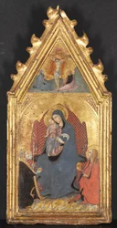 Virgin and Child Adored by Saints Mary Magdalene and Nicolas of Bari, Christ Crucified