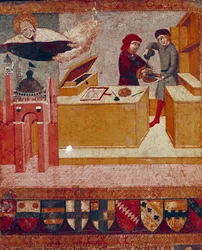 The camerlinguist symbolically washes his hands while the benevolent and protective Virgin flies over the city of Siena (detail)