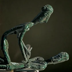 Nuragic culture (nuraghi) Sardinian: sculpted group of bronze wrestlers. From Mount Arcosu. 8th-7th century BC. Cagliari, Museo Nazionale Archeologico, Sardinia, Italy