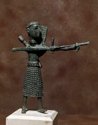 Statuette of warrior wearing an oriental bronze skirt. 8th-7th century BC. Museo Nazionale Archeologico, Cagliari, Sardinia, Italy