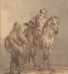 Two People: One Standing, One Seated on a Horse