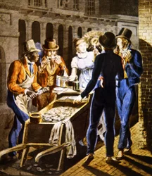 An oysterman selling his wares outside the Chestnut Street Theatre in Philadelphia, c.1796