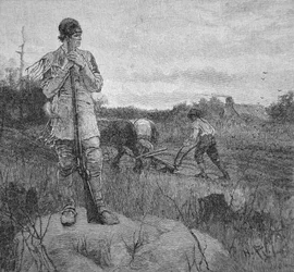 Guarding a farm against an Indian attack, after an illustration by Howard Pyle