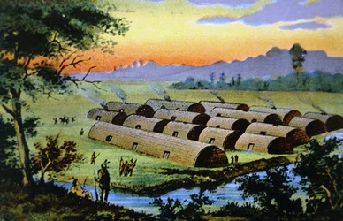 Manhattan Island, New York City, before the Dutch settled here showing an Indian village of the Wapinger confederacy