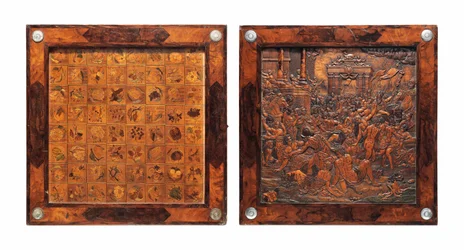 A Bohemian Silver-Mounted Relief-Carved Fruitwood Marquetry and Walnut Folding Games Box