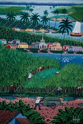 Naive art painting depicting bamboo harvesting, Bahia State, Brazil