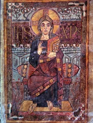 Carolingian Art: Christ in majesty. Miniature from the manuscript Evangeliaire de Godescalc, Ecole du Palais de Charlemagne (folio 3) copy by Godescalc from the tresor of Saint-Sernin de Toulouse, Bibliotheque du Louvre, 781-783. BN, Paris