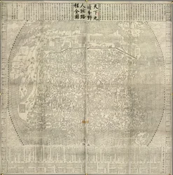 A map of China and neighbouring countries. Landmarks such as the Great Wall. Dated 1645