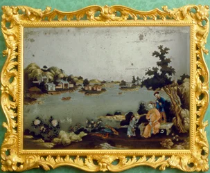 Chinese mirror painting of landscape, music and verse