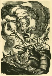 Comrade, all together, Liu Lun war scene. Wood engraving, in "Woodcuts of war-time China 1937-1945", Shanghai
