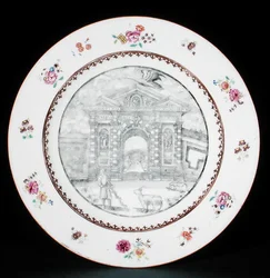 Dinner plate decorated en grisaille with Rose Famille enamels depicting Jacob Bobart (1599-1680) with a goat and a dog, Qianlong period (1736-95)